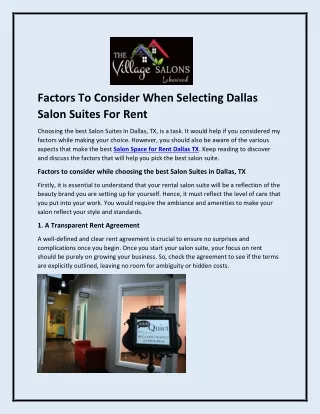 Factors To Consider When Selecting Dallas Salon Suites For Rent