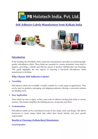 Self Adhesive Labels Manufacturer from Kolkata India