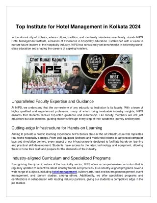 Top Institute for Hotel Management in Kolkata 2024