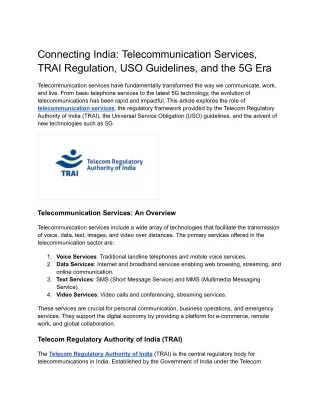 Connecting India_ Telecommunication Services, TRAI Regulation, USO Guidelines, and the 5G Era