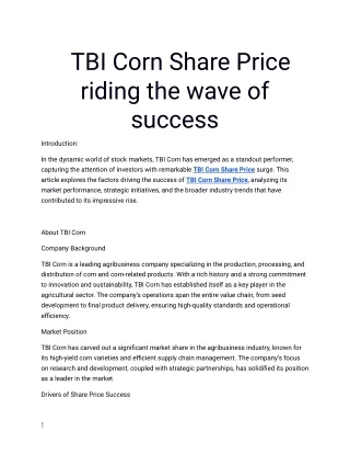 Get the Best TBI Corn Share Price only at Planify