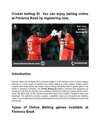 Cricket betting ID You can enjoy betting online at Florence Book by registering