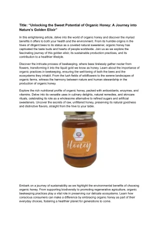 Title_ “Unlocking the Sweet Potential of Organic Honey_ A Journey into Nature’s Golden Elixir”