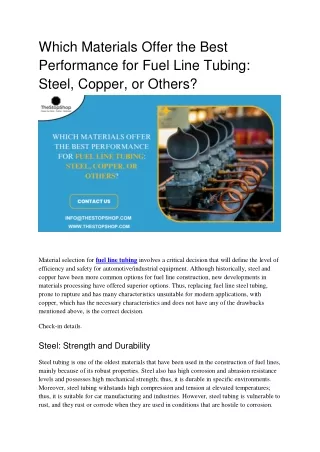 Which Materials OffertheBestPerformance forFuelLineTubing: SteelCopperor Others?