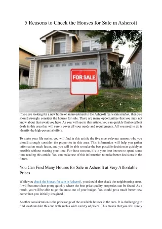 5 Reasons to Check the Houses for Sale in Ashcroft