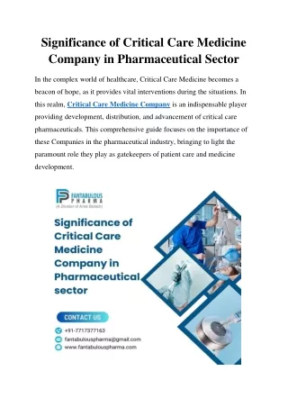 Significance of Critical Care Medicine Company in Pharmaceutical Sector