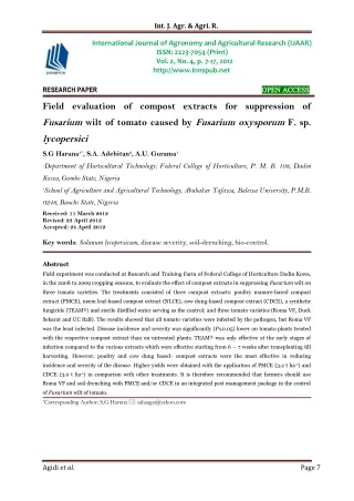 Field evaluation of compost extracts for suppression of Fusarium wilt of tomato caused by Fusarium oxysporum F. sp. Lyco