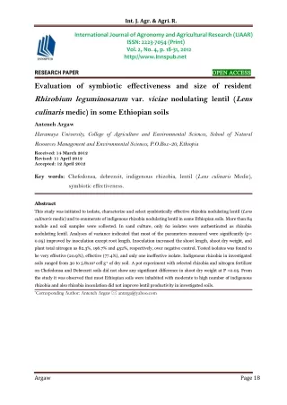 Evaluation of symbiotic effectiveness and size of resident Rhizobium leguminosarum var. viciae nodulating lentil (Lens c