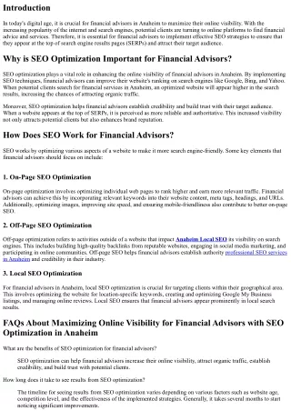 Maximize Online Visibility for Financial Advisors with SEO Optimization in Anahe