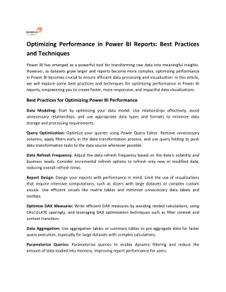 Optimizing Performance in Power BI Reports Best Practices and Techniques