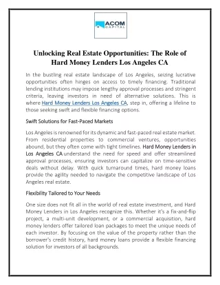 Unlocking Real Estate Opportunities The Role of Hard Money Lenders Los Angeles CA