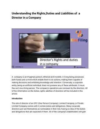 Rights , Duties and Liabilities of a Director in a Company
