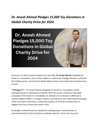 Dr. Anosh Ahmed's Chicago Initiative: 15,000 Toy Donations in 2024