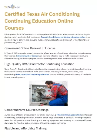 Certified Texas Air Conditioning Continuing Education Online Courses