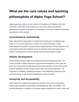 What are the core values and teaching philosophies of Alpha Yoga School?