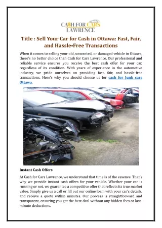 Sell Your Car for Cash in Ottawa: Fast, Fair, and Hassle-Free Transactions