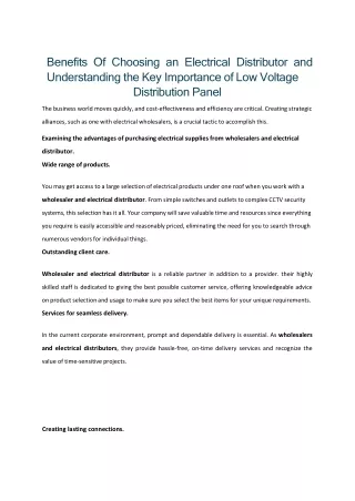 Benefits Of Choosing an Electrical Distributor and Understanding the Key Importance of Low Voltage Distribution Panel