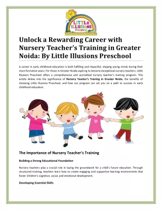 Shaping Future Educators: Nursery Teacher’s Training in Greater Noida