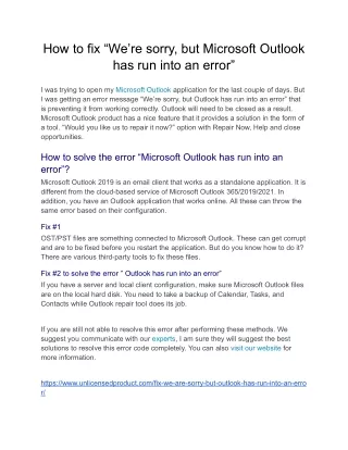 How to fix "We’re sorry, but Microsoft Outlook has run into an error"?