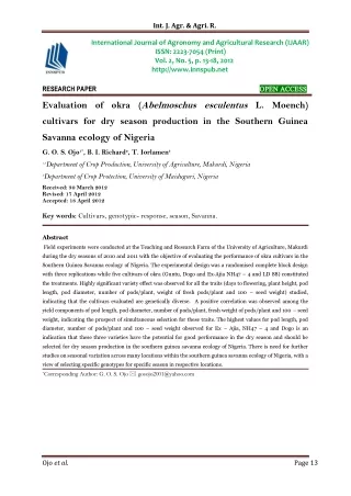 Evaluation of okra (Abelmoschus esculentus L. Moench) cultivars for dry season production in the Southern Guinea Savanna