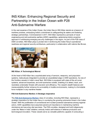 INS Kiltan_ Enhancing Regional Security and Partnership in the Indian Ocean with P28 Anti-Submarine Warfare