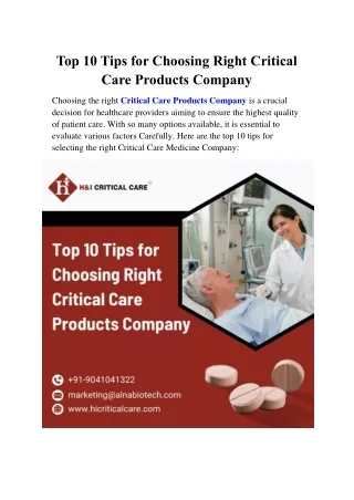 Top 10 Tips for Choosing Right Critical Care Products Company