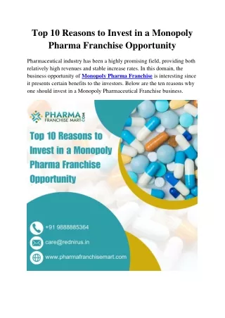 Top 10 Reasons to Invest in a Monopoly Pharma Franchise Opportunity