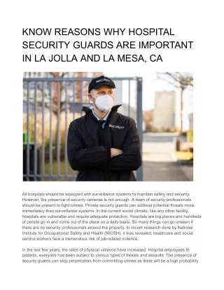 KNOW REASONS WHY HOSPITAL SECURITY GUARDS ARE IMPORTANT IN LA JOLLA AND LA MESA, CA