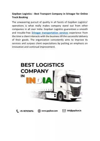 Best Transport Company in Srinagar for Online Truck Booking