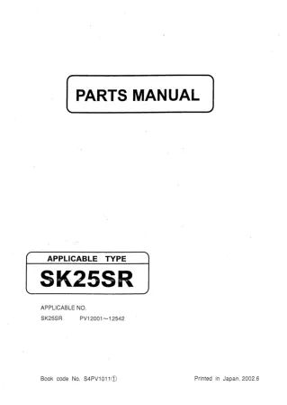 Kobelco SK25SR Mini Excavator Parts Catalogue Manual (SNPV12001 to 12542)