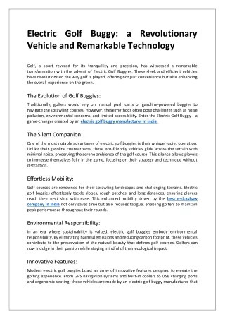 Electric Golf Buggy: a Revolutionary Vehicle and Remarkable Technology