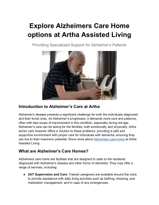 Explore Alzheimers Care Home options at Artha Assisted Living