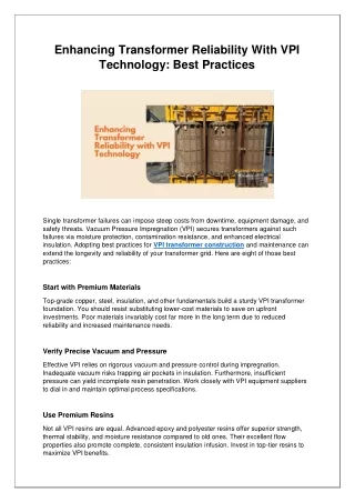 Best Practices for Using VPI Technology to Improve Transformer Reliability