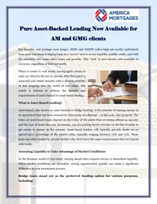 Pure Asset-Backed Lending Now Available for AM and GMG clients