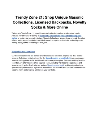 Trendy Zone 21_ Shop Unique Masonic Collections, Licensed Backpacks, Novelty Socks & More Online