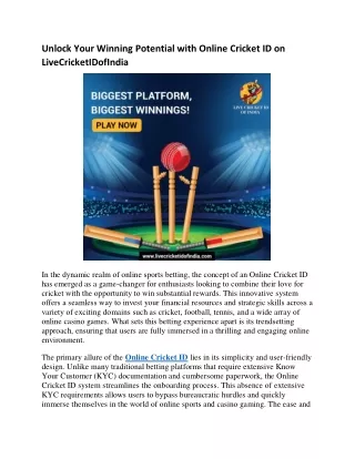 Unlock Your Winning Potential with Online Cricket ID on LiveCricketIDofIndia