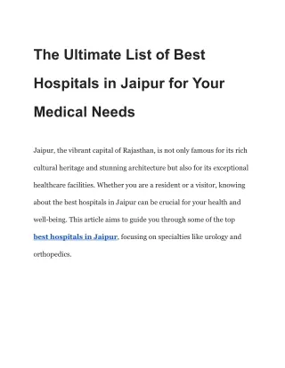 The Ultimate List of Best Hospitals in Jaipur for Your Medical Needs