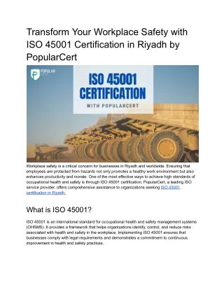 Transform Your Workplace Safety with ISO 45001 Certification in Riyadh by PopularCert