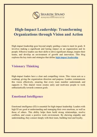 High-Impact Leadership - Transforming Organizations through Vision and Action