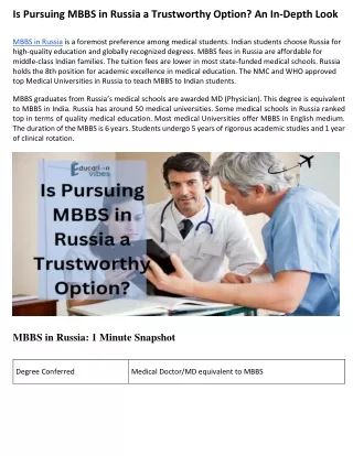 Is Pursuing MBBS in Russia a Trustworthy Option