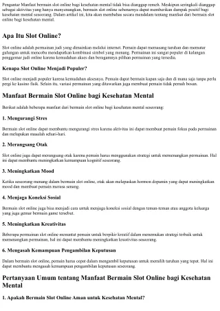 Manfaat Bermain Slot Online bagi Kesehatan Mental