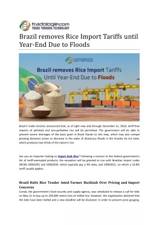 Brazil removes Rice Import Tariffs Until Year-End Due to Floods