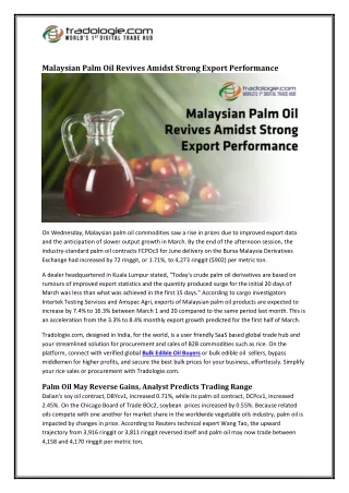 Malaysian Palm Oil Revives Amidst Strong Export Performance