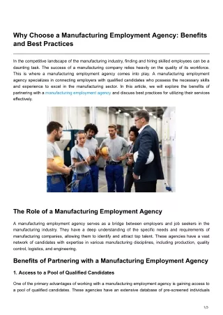 Why Choose a Manufacturing Employment Agency Benefits and Best Practices