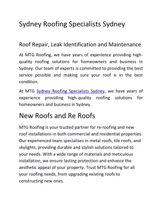 Sydney Roofing Specialists Sydney