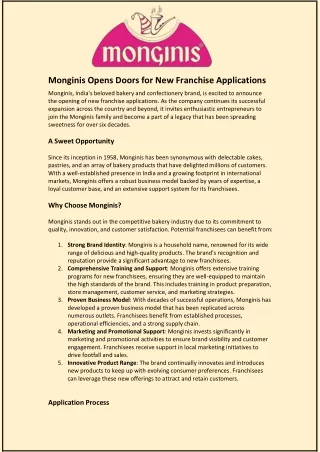 Monginis Opens Doors for New Franchise Applications