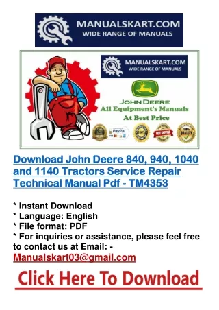 Download John Deere 840, 940, 1040 and 1140 Tractors Service Repair Technical Manual Pdf - TM4353