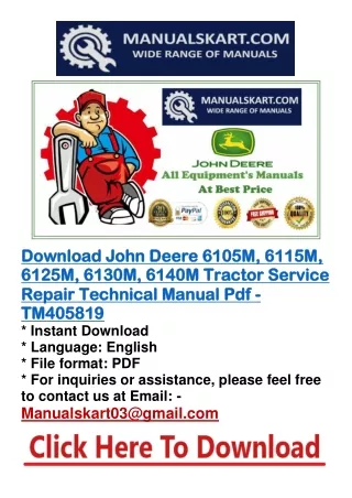 Download John Deere 6105M, 6115M, 6125M, 6130M, 6140M Tractor Service Repair Technical Manual Pdf - TM405819