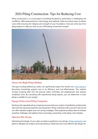 2024 Piling Construction: Tips for Reducing Cost