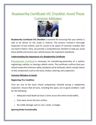 Roadworthy Certificate VIC Checklist Avoid These Common Mistakes